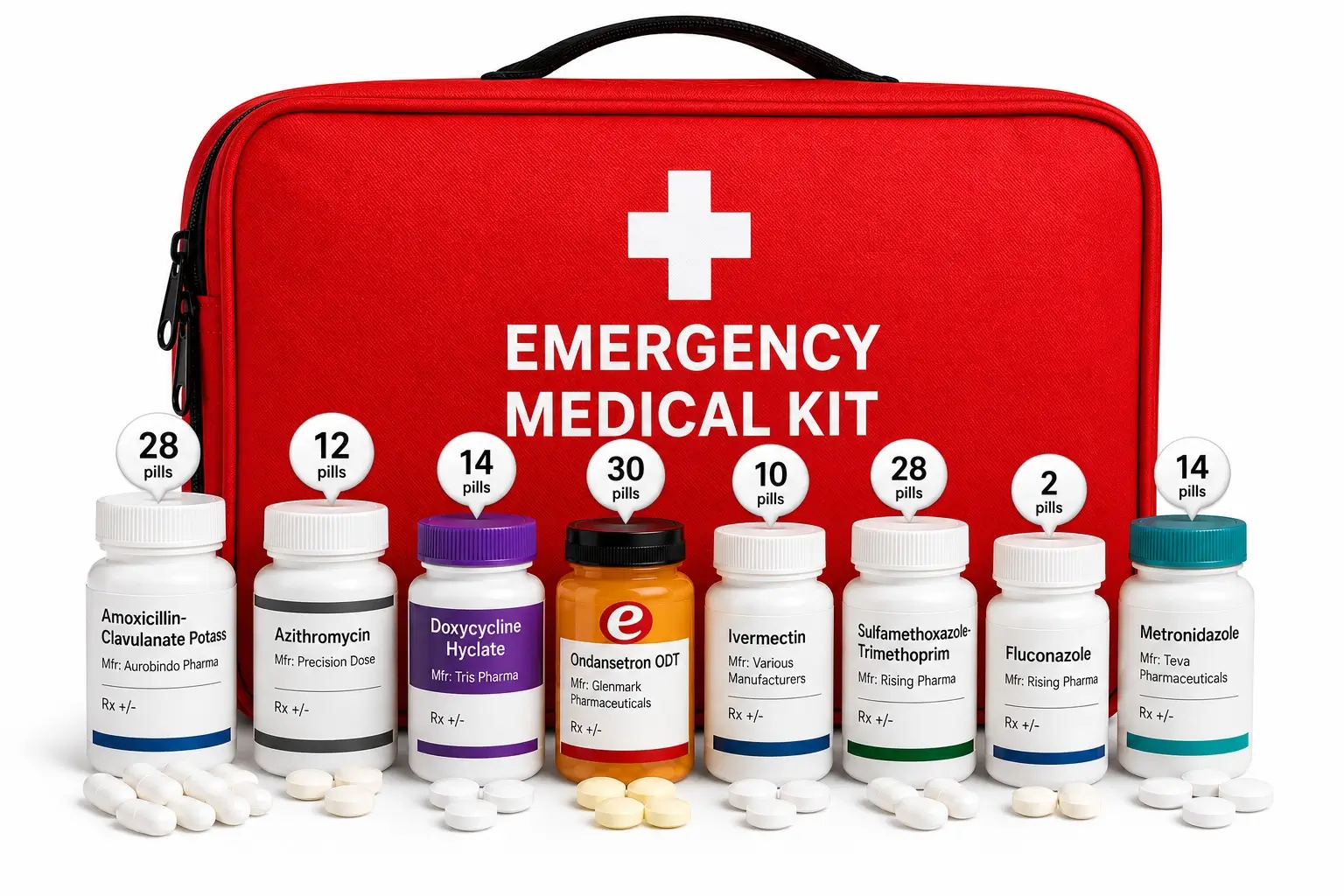 Emergency Medical Kit — 8 prescription medications with pill counts